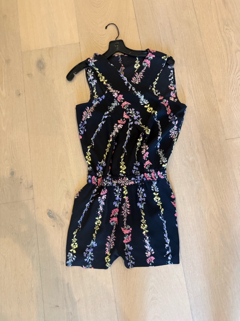 BCBGMaxAzria Black Floral Romper with Pink, Yellow & Lavender Accents
